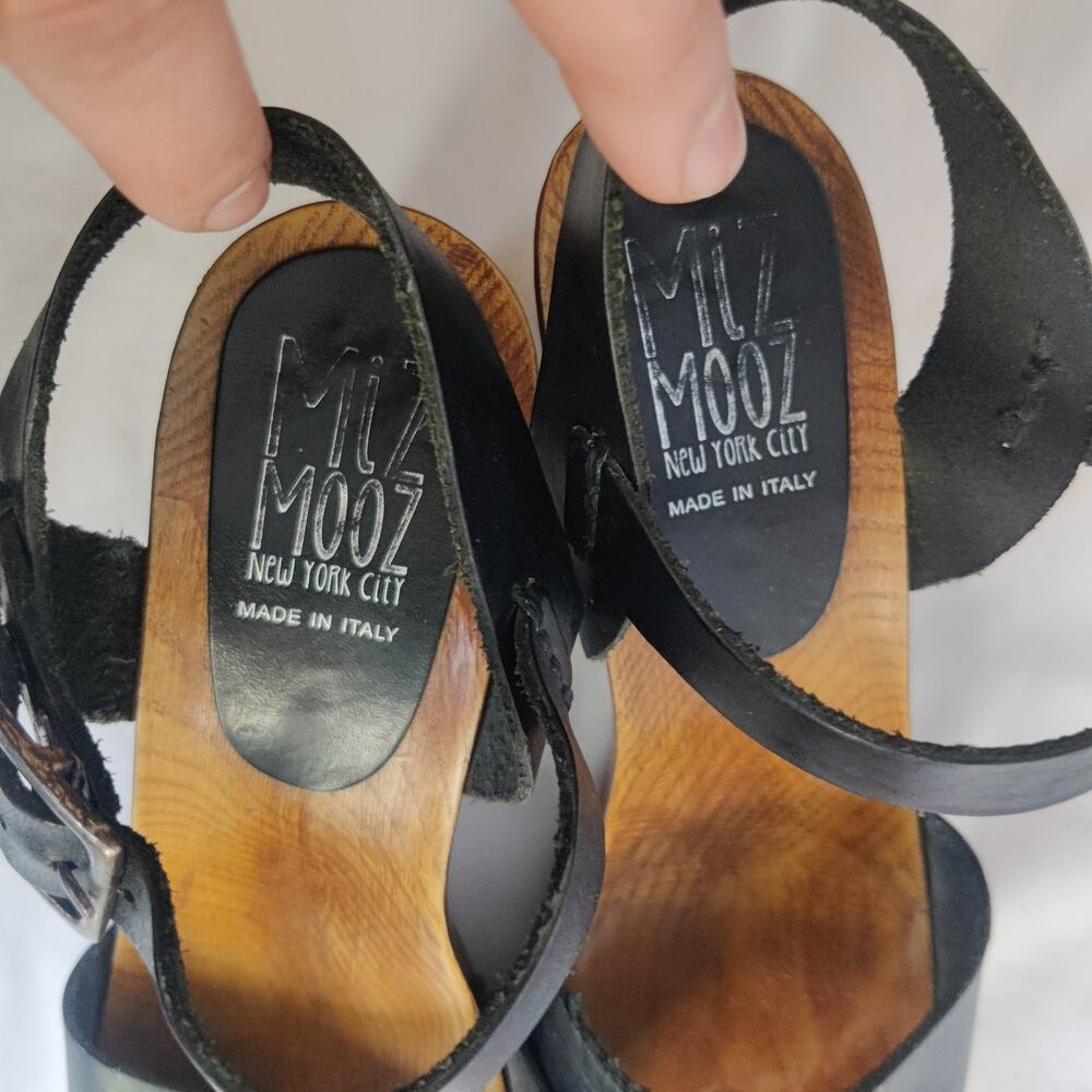 Miz Mooz NYC Wooden Block Heel Studded Black Leather Sandals Size 8 Scandi Girl - Picture 8 of 12